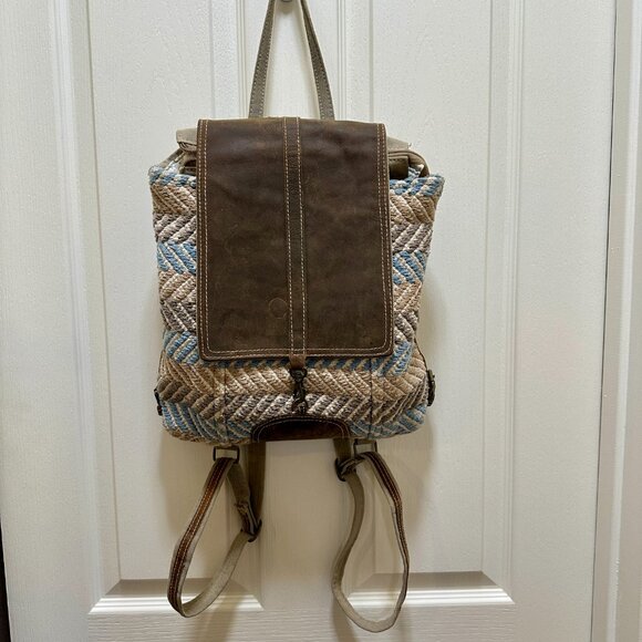 Myra Bag Backpack Brown Leather Canvas Macrame Textile Tote Boho Up Cycle Bag - Picture 16 of 16